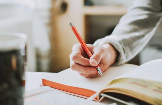 Eine Hand hält einen Stift. Es wird etwas in ein Buch geschrieben.