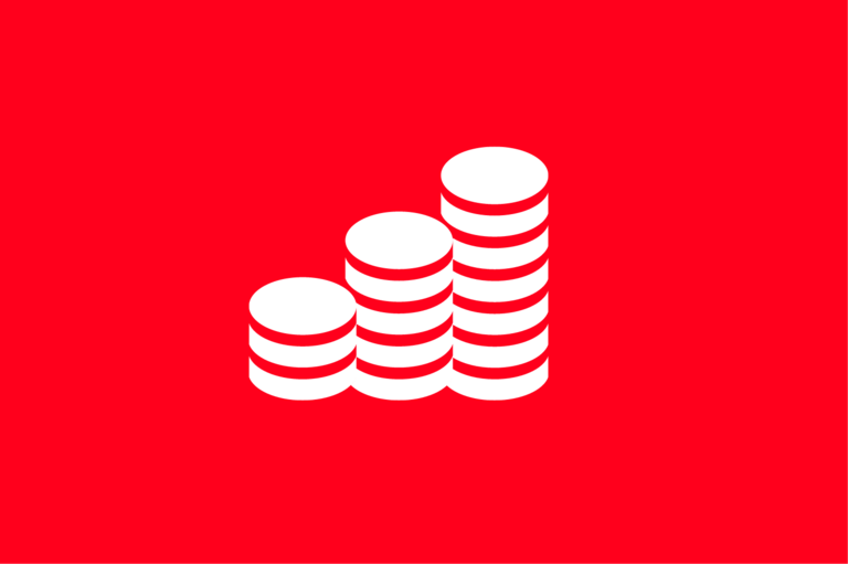 Weiß auf rot eine Grafik mit drei unterschiedlich hohen Türmen Münzen