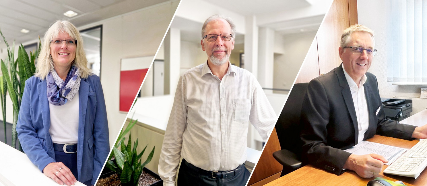 Collage aus drei Fotos jeweils von Carina Carstensen, Waldemar Petarus und Stephan Röhr alle drei in den Räumlichkeiten der Bankfiliale.