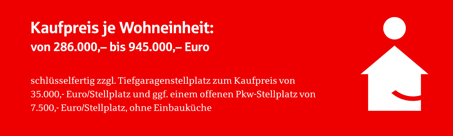 Text Kaufpreis je Wohneinheit von 28600 bis 945000 Euro. Schlüsselfertig zuzüglich Tiefgaragenstellplatz zum Kaufpreis von 35000 Euro pro Stellplatz und gegebenenfalls einem offenen PKW-Stellplatz von 7500 Euro pro Stellplatz. Ohne Einbauküche.