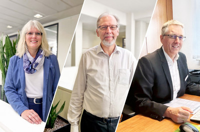 Collage aus drei Fotos jeweils von Carina Carstensen, Waldemar Petarus und Stephan Röhr alle drei in den Räumlichkeiten der Bankfiliale.