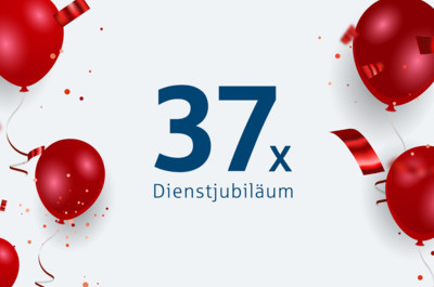 Grafik mit roten Luftballons und der Überschrift 37 mal Dienstjubiläum